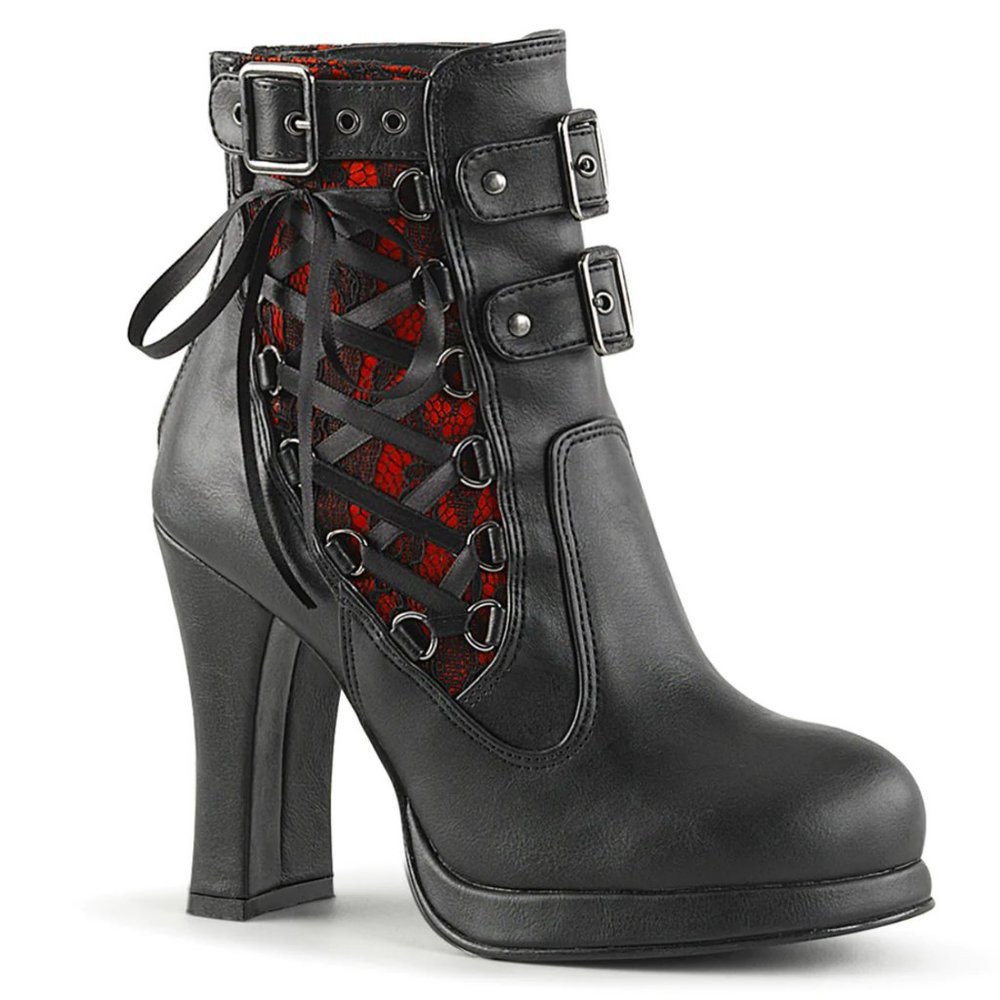 Demonia Crypto-51 Black-Red Lace Vegan Leather Ankle Boots